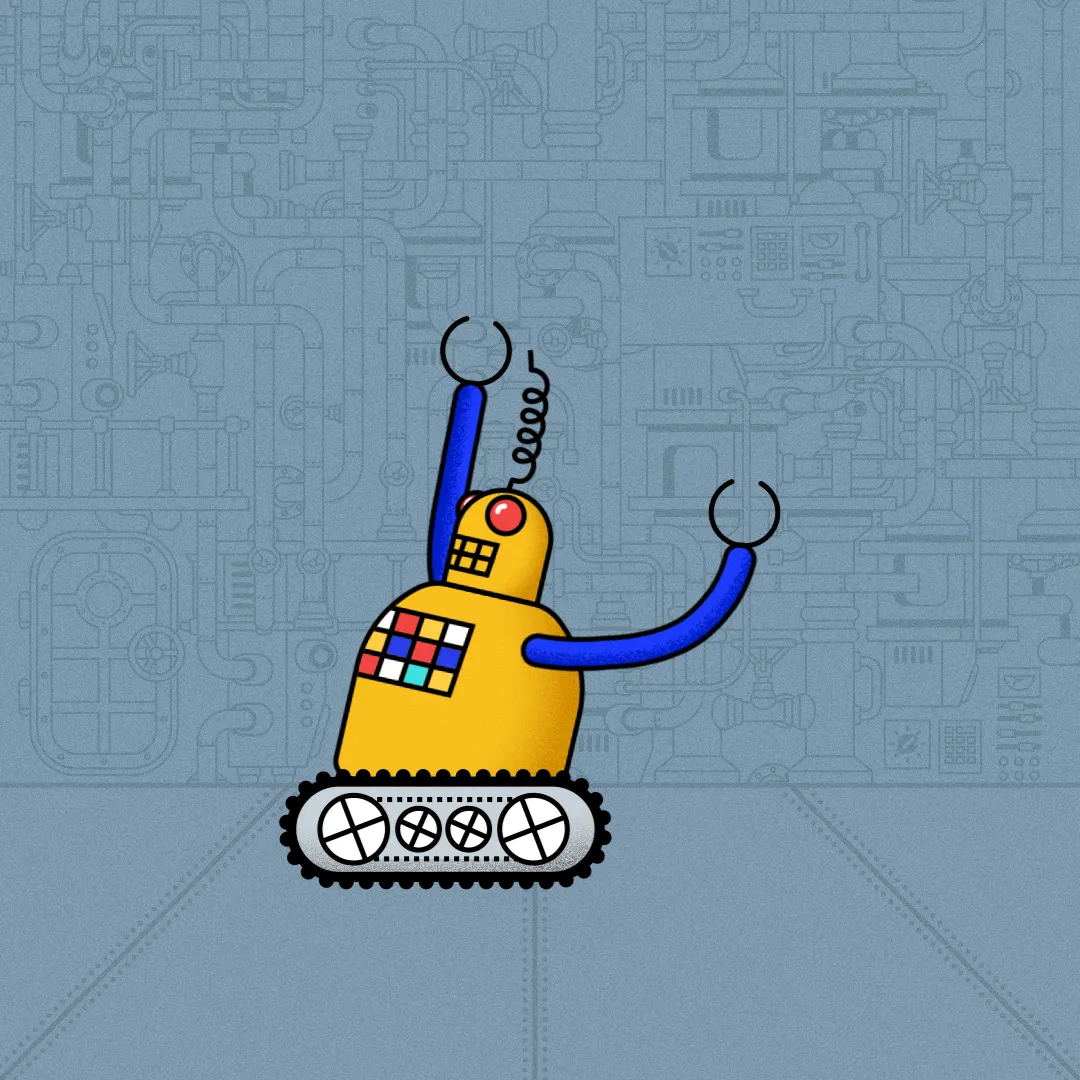 A yellow robot with blue arms in front of a mechanical wall